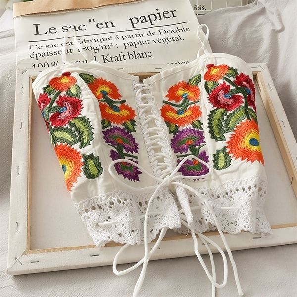 

boho embroidery flower women tanks camis sleeveless bandage knitted fashion summer vest short slim chic lady y1130 220318, White