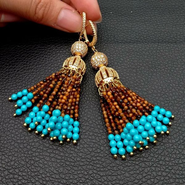 

attractive yellow tiger eye blue turquoise zircon pave cap leverback earrings, Silver