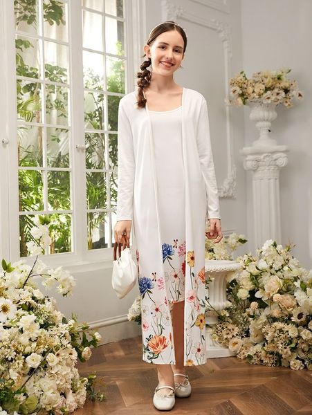 

teen girls floral print coat & dress set she, White