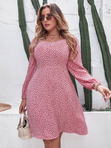 

plus ditsy floral bishop sleeve a-line dress g8ka#, Black