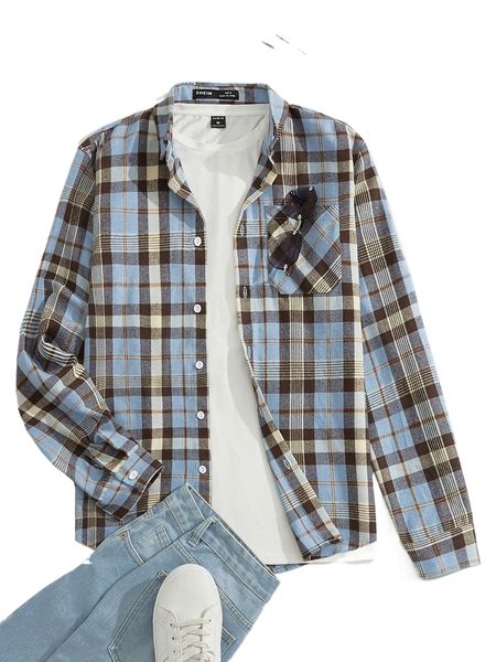 

men plaid print pocket patched shirt without tee 17oq#, White;black
