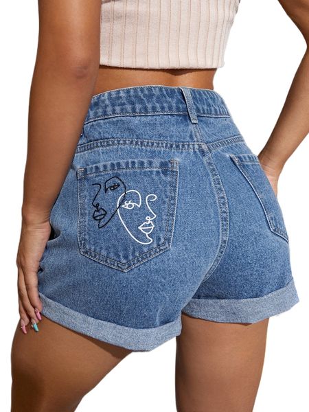 

figure graphic cuffed hem denim shorts c9ci#, White;black