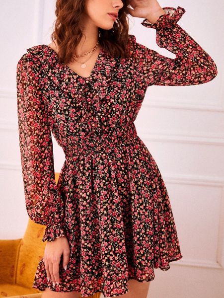 

ruffle trim shirred waist ditsy floral dress m0pg#, Black;gray