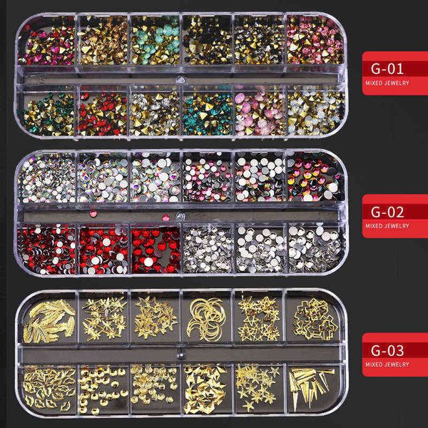 

12 grid multi-size nail rhinestones 3d crystal ab clear nail stones gems pearl diy nail art decorations gold silver rivet rhines y220408, Black