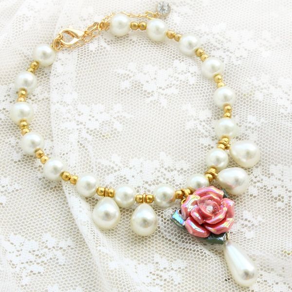

adjustable handmade dog accessories dog apparel luxury gift pearl pet necklace pink rose pendant jewelry sparkly holiday party birthday cat