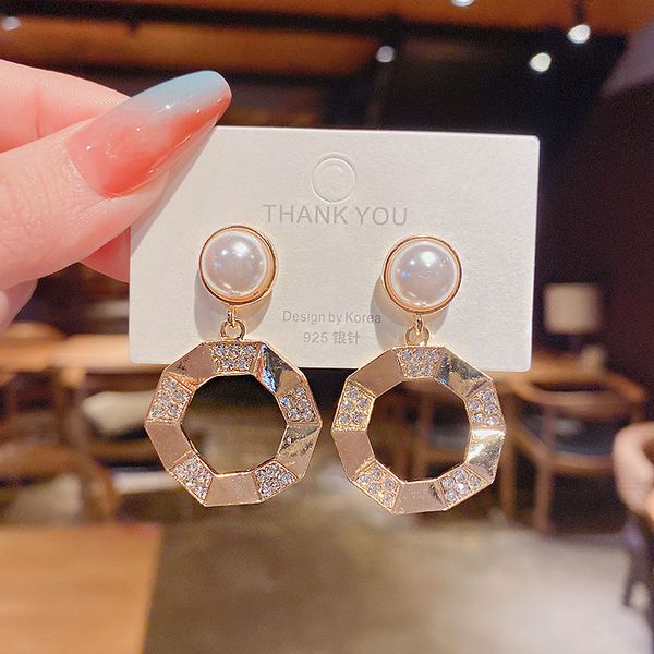 

women vintage pearl dangle earrings elegant 18k gold rhinestone circle female earring jewelry wholesale, Silver