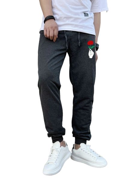 

men gesture and rose print drawstring waist sweatpants 773s#, Black