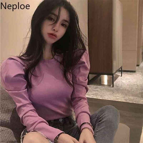 

neploe autumn spring new retro slim fit bottom t shirt o neck solid puff long sleeve pleat tees autumn spring new 210322, White