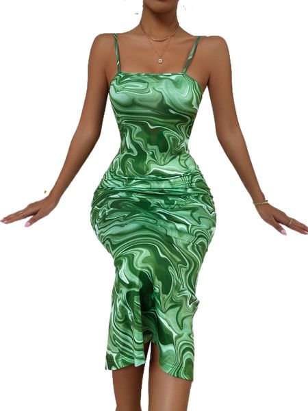 

sxy random all over print split back cami bodycon dress 176x#, Black;gray