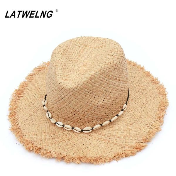 

fashion women panama hats with natural shell conch raffia beach hat summer straw sun visor caps wholesale drop 220427, Blue;gray