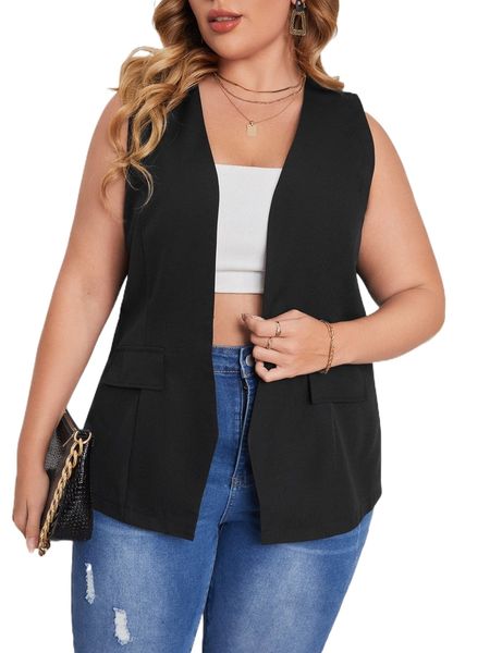 

plus flap detail open front blazer p6dp#, Black