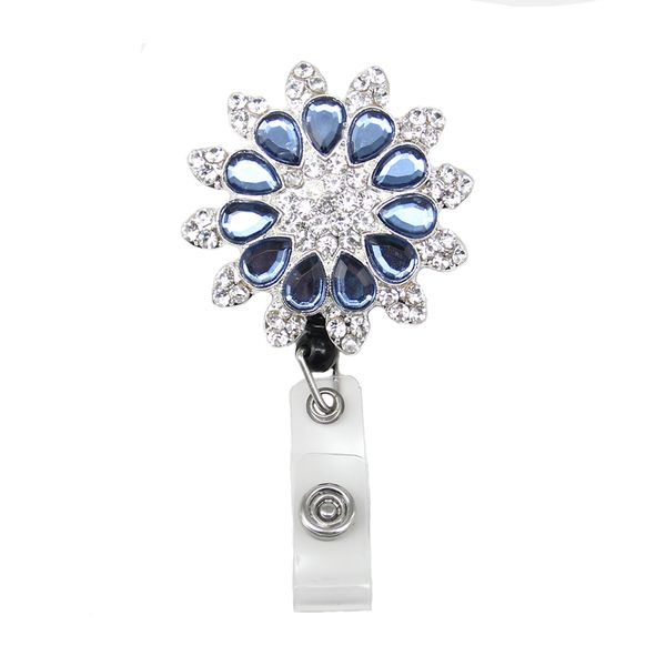 

custom key rings jewelry crystal rhinestone big blue flower button retractable badge reel id holder for gift, Slivery;golden