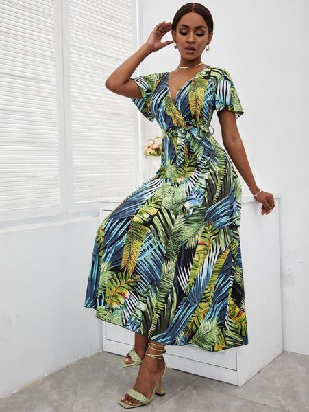 

plants print belted dress t63e#, Black;gray