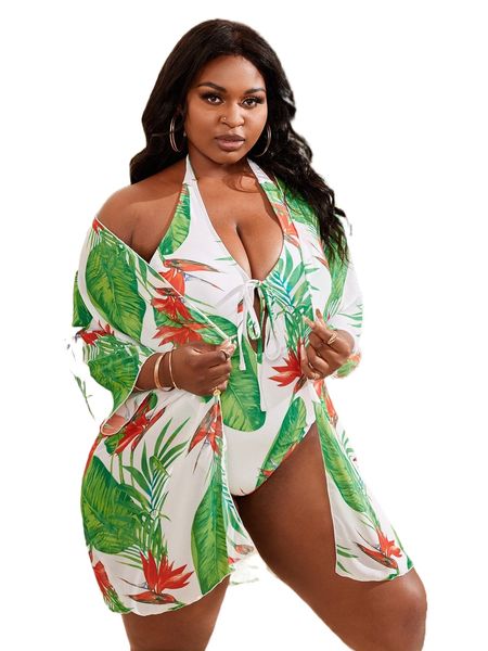 

plus tropical print one piece swimsuit with kimono d4ti#, White;black