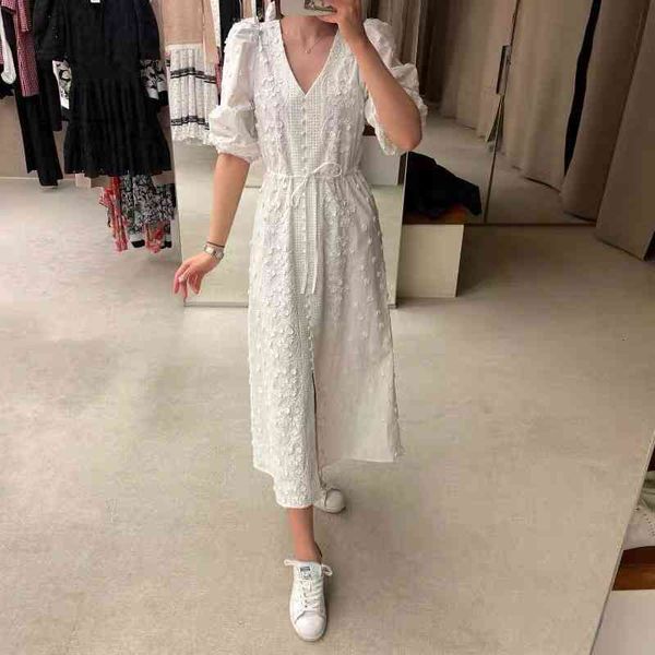 

fadan 's three-dimensional flower embroidery bubble sleeve v-neck sweet slim long dress, Black;gray