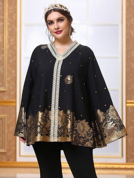 

plus gold print guipure lace insert blouse 55jr#, Black