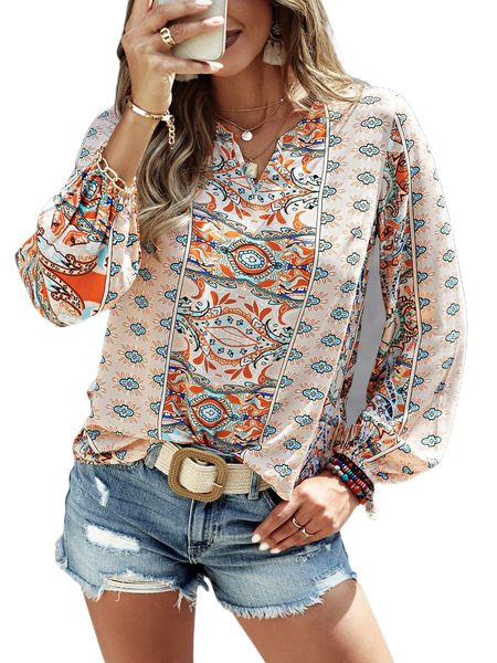 

allover print notched neck blouse y7pb#, White