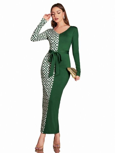 

geo print spliced belted bodycon dress l0ol#, Black;gray