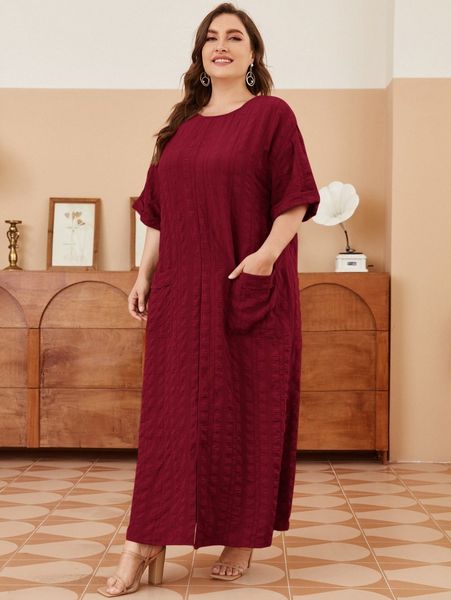 

plus drop shoulder dual pocket dress l3no#, Black