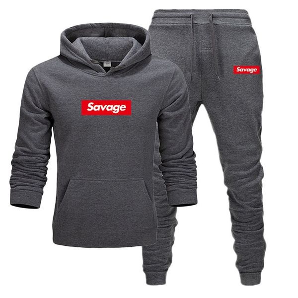 

brand clothing men's fashion tracksuit casual sportsuit men hoodies sweatshirts sportswear savage hoodies pant men set lj201117, Gray