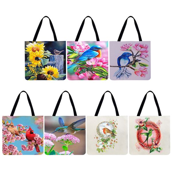 

simple all-match handbag eco friendly flowers birds linen shoulder bag ladies portable high capacity shopping bag