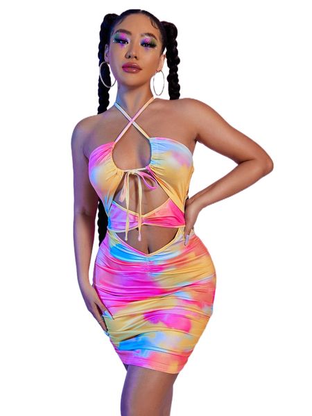 

tie dye cut out tie front halter neck bodycon dress c6d1#, Black;gray