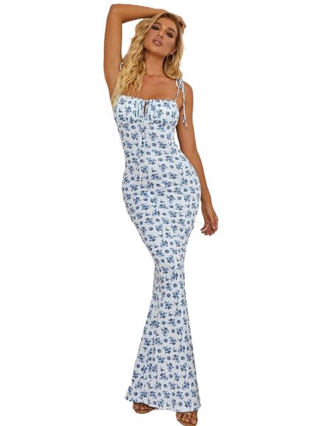 

parthea tie shoulder fishtail hem floral print prom dress c5o5#, Black;gray