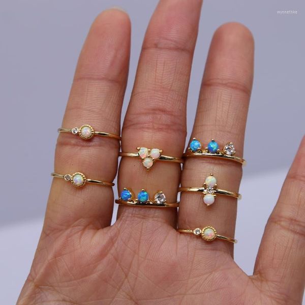 Cluster Ringe Mode Goldener Opal Schmuck Top Qualität Stapel Mini Zierliche Zarte Weiß Blau Frauen Mädchen Minimal Stein RingCluster Wynn22