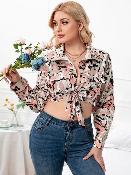 

plus camo print tie front blouse q7ti#, Black
