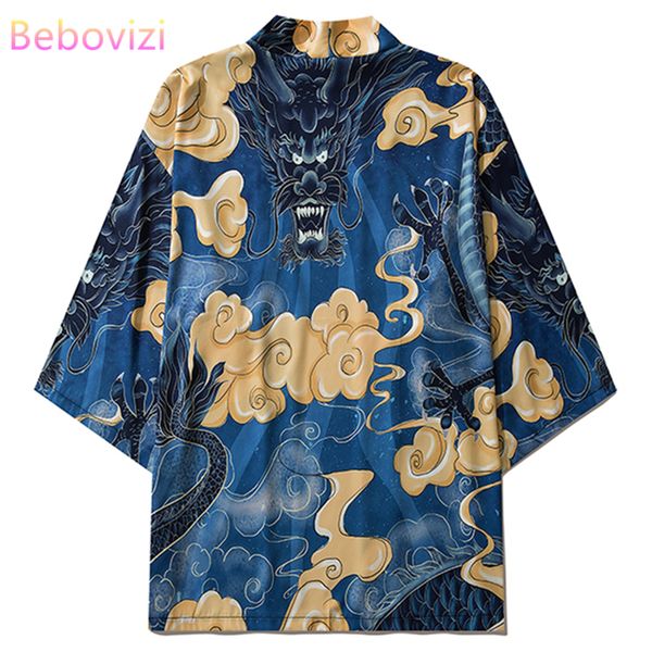 

cartoon dragon print chinese style shirts coat women men yukata cardigan kimono summer japanese traditional casual blue haori, Red