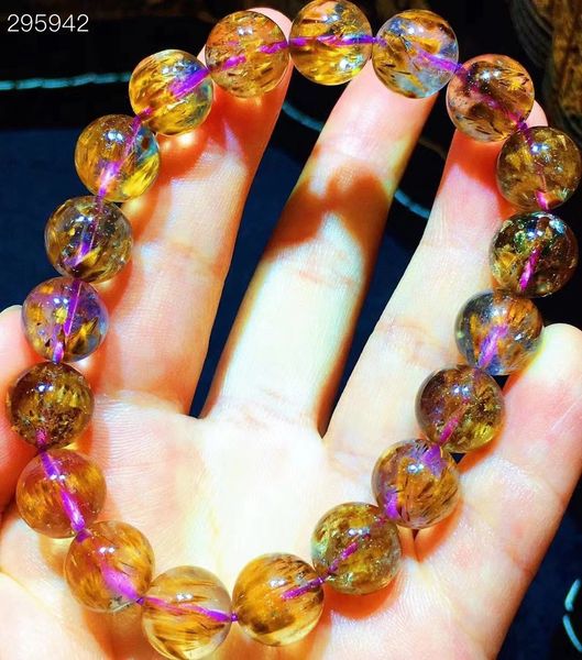 

natural purple cacoxenite auralite 23 purple bracelet clear round beads 11mm gold rutilated quartz canada aaaaaa, Silver