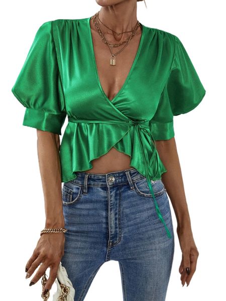 

solid tie front wrap blouse n7rr#, White