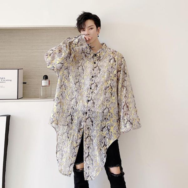 Camicie casual da uomo Bronzing Print Front Long Back Short Uomo Oversize Loose Sleeve Top Uomo Stage Fashion Show AbbigliamentoUomo