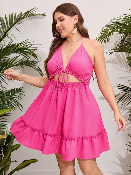 

plus cut out knot front shirred frill trim tie backless halter dress r5me#, Black