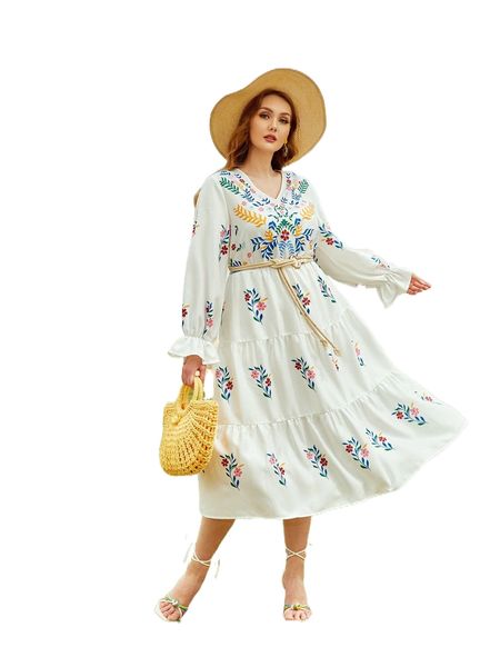 

plus floral print flounce sleeve ruffle hem dress without belt f7lj#, Black