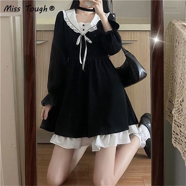 

autumn black lolita dress women patchwork elegant vintage party mini dress female casual bow high waist korean kawaii dress 220406, White;black