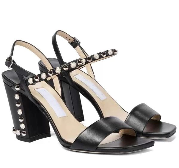 

fashion lady wedding dress sandals shoes women's aadra leather with studs & peals pumps high heels pointed toe ladies comfort walking, Black