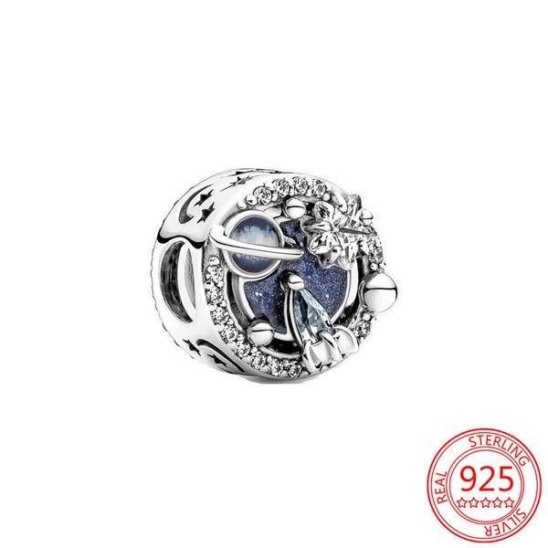 

fit original pandora charm bracelet authentic 925 sterling silver space rocket galaxy planets blue glass hollow stars and moon bea314s, Black