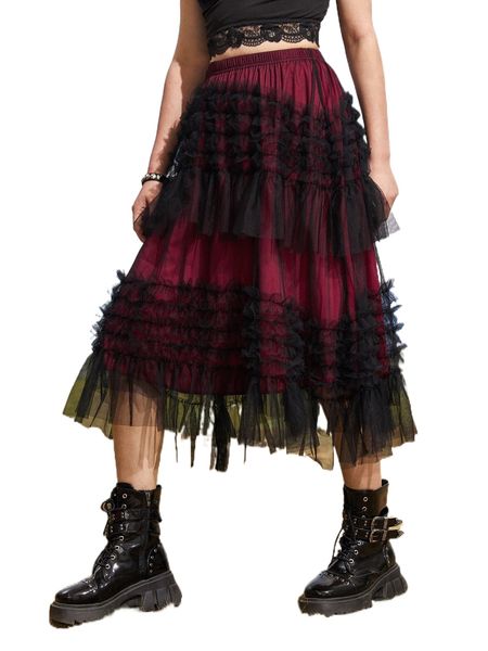 

romwe gothic grunge contrast mesh layered skirt d1eg#, Black