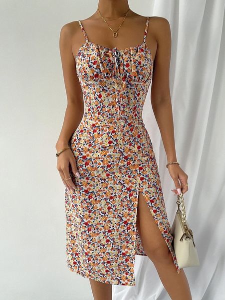 

allover floral ruched bust split thigh slip dress o649#, Black;gray