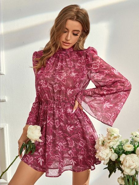 

floral print trumpet sleeve mock neck tie back chiffon dress p4bp#, Black;gray