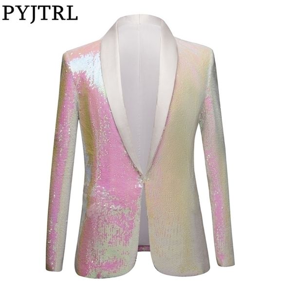 

pyjtrl full sequins series men white pink sequins blazers gentleman prom dress suit jacket night club singers slim fit costume 201104, White;black