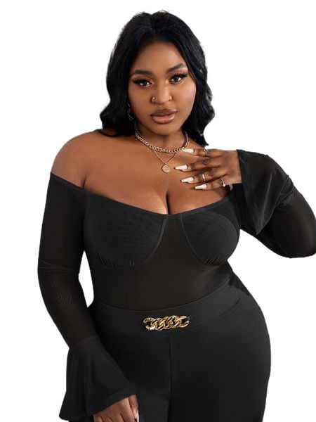 

sxy plus bell sleeve sheer mesh e4eu#, Black