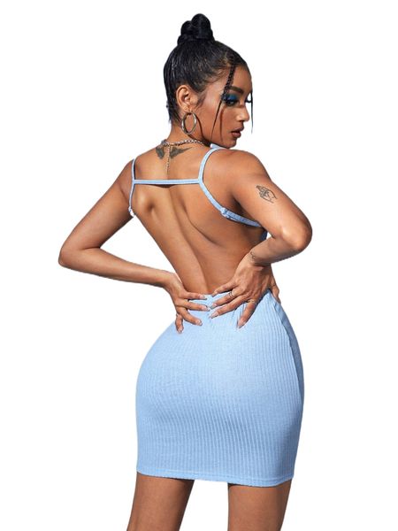 

solid ribbed knit backless bodycon dress f6pj#, Black;gray