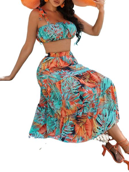 

tropical print tie shoulder cami & ruffle hem skirt p3sv#, White