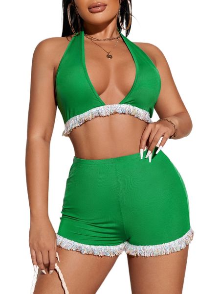 

sxy fringe trim backless halter & shorts e0ip#, White