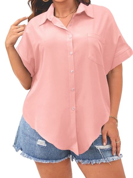 

plus button up curved hem shirt p05b#, Black