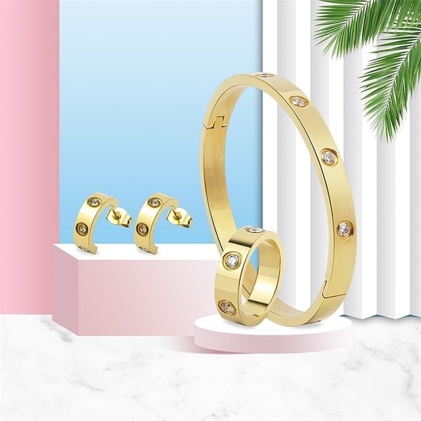 Moda bela conjunto delicado bracelete de cristal e anel brinco para mulheres presente amor pulseira jóias por atacado 220331