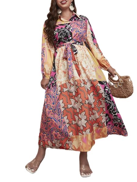 

plus patchwork print belted shirt dress m4mg#, Black