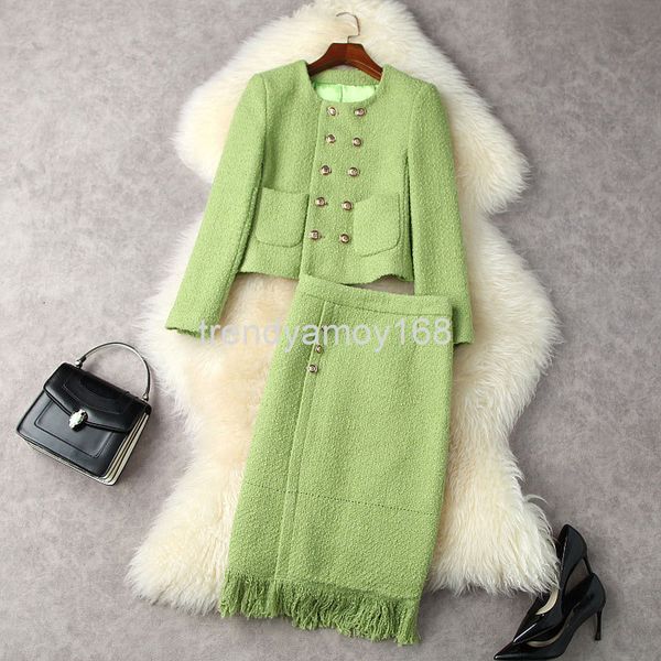

women's two piece pants winter ladies temperament double breasted pocket coat + hip wrap split tassel skirt set 12645, White